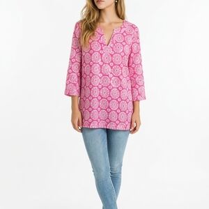 Pink Patterned Split-Neck Tunic EXLG Vacation Wear By Island Ruplic Exc Cond.
